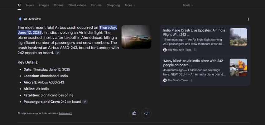 Штучний інтелект Google помилково повідомив, що аварія Air India сталася з Airbus, а не з Boeing