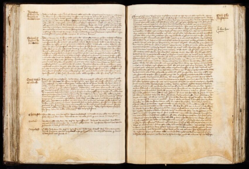A page from the Archbishop of Canterbury's letters to the Bishop of Winchester on the subject of Ela Fitzpayne, from the register of John de Stratford.