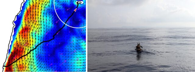 (Left) GPS tracking and modeling of ocean currents toward the end of the experimental voyage. (Right) The team on the water around the time of the left image.