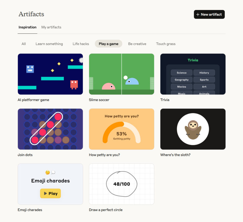A view of the Anthropic Artifacts gallery in the "Play a Game" section.